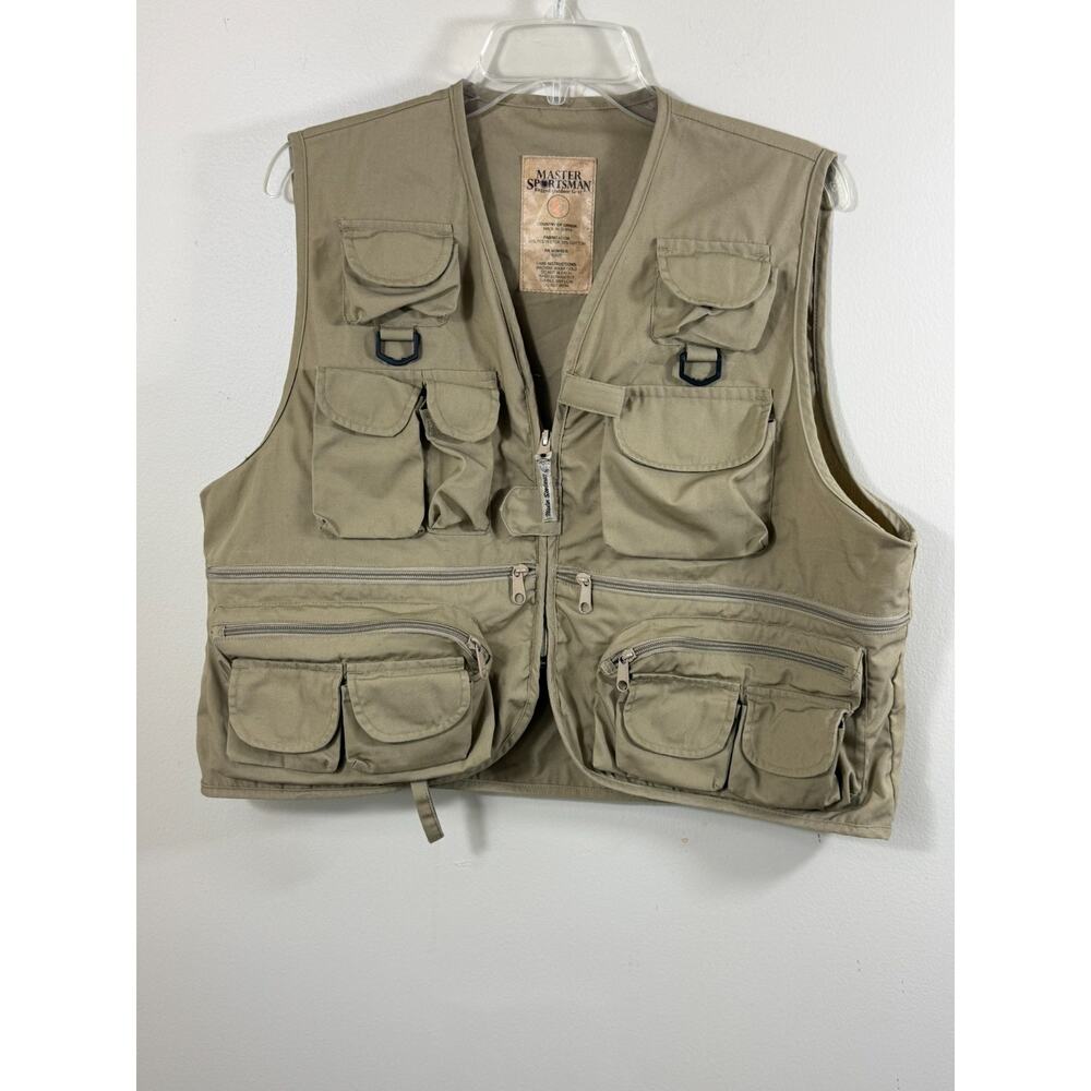 Master Sportsman Men's Large Khaki Utility Fishing Vest Rugged Outdoor Gorpcore
